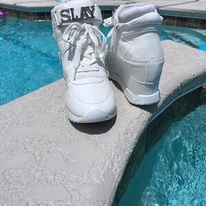 Size 10 white wedge sneakers with gold SLAY emblem